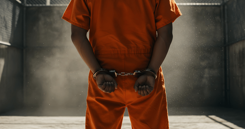 convict in orange jumsiut with handcuffs behind back