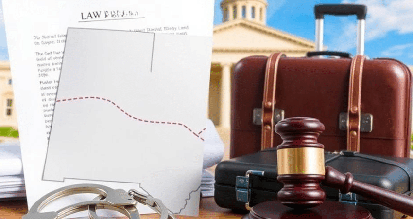 law paper suitcase gavel and handcuffs with capital in background