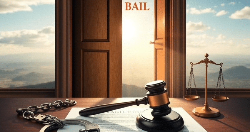 handcuffs gavel and justice scale on table word bail through door