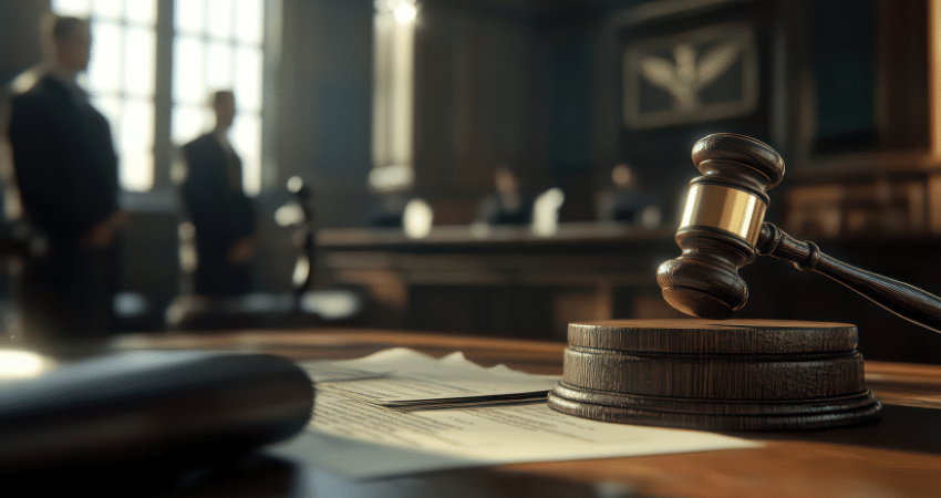 blurred courtroom with people and closeup of gavel on table with papers