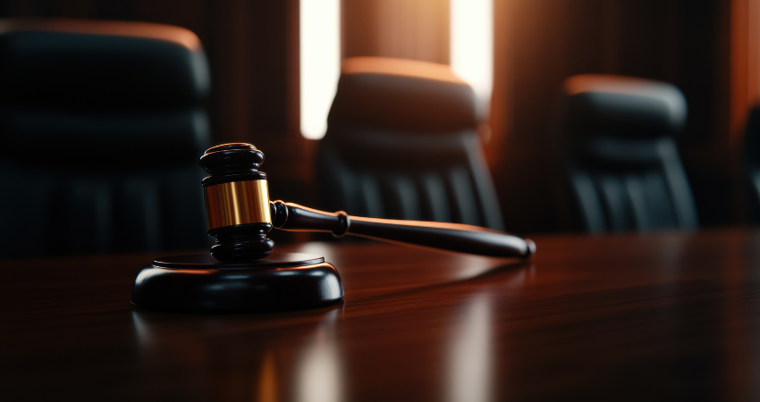 closeup of gavel on table in courtroom with empty chairs