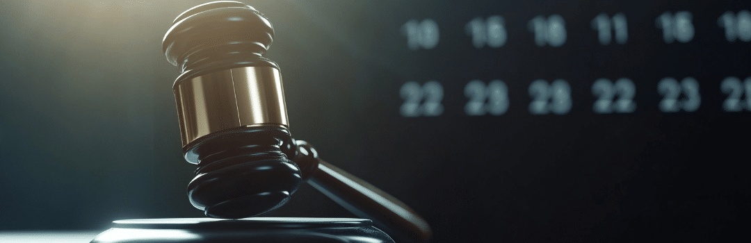 closeup of gavel with calendar blurred in background