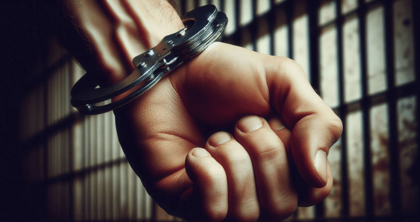 up close of handcuffed hand in front of jail cell