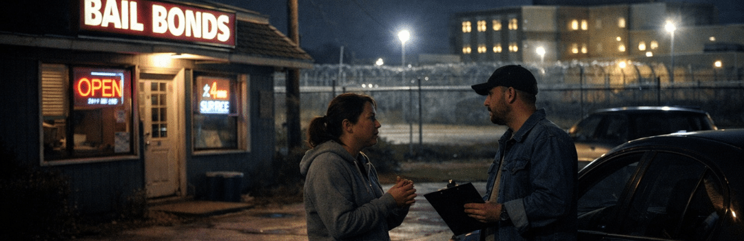 woman talking to man outside bail bond office