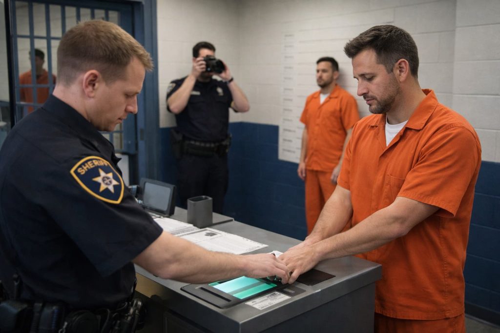 An officer processing an individual at the detention center, a common step for those seeking local Colorado Springs bail help.