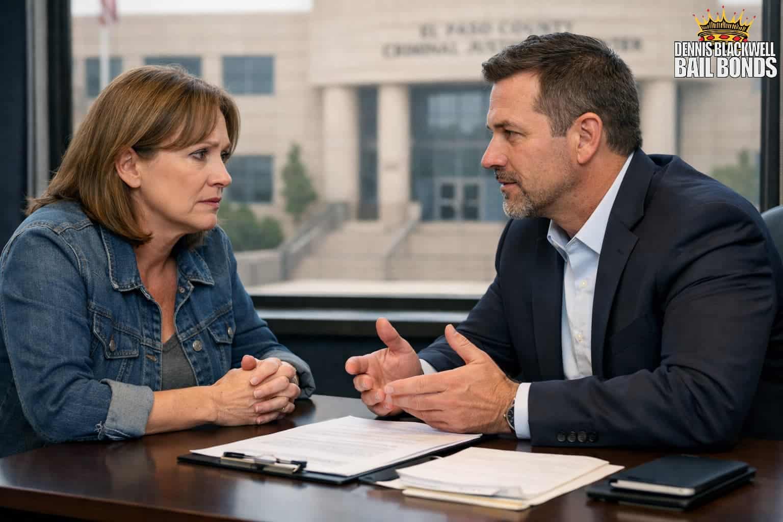 A bail bondsman explaining the release process to a client in need of local Colorado Springs bail help.