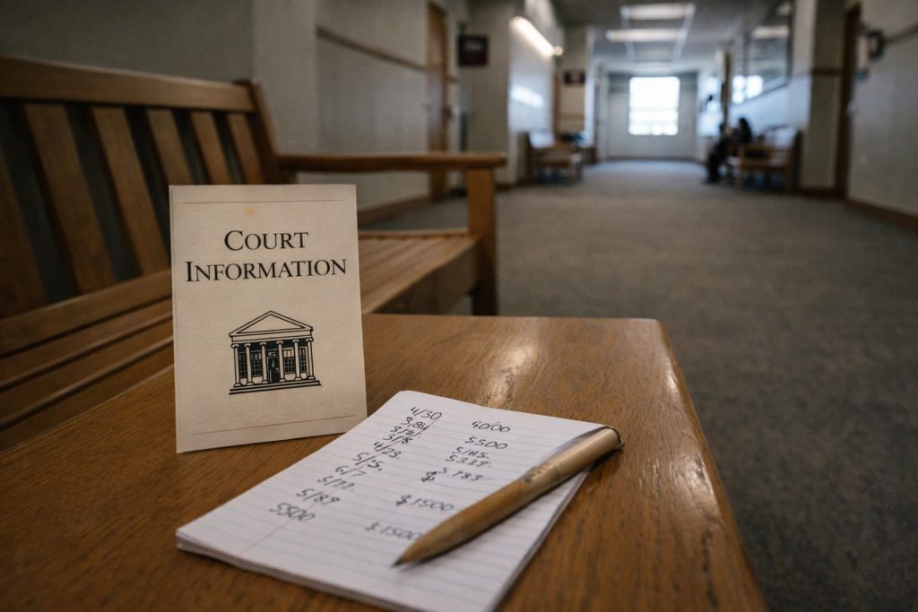 A court information brochure and handwritten notes on a bench, featured in an expert bail bond guide local.