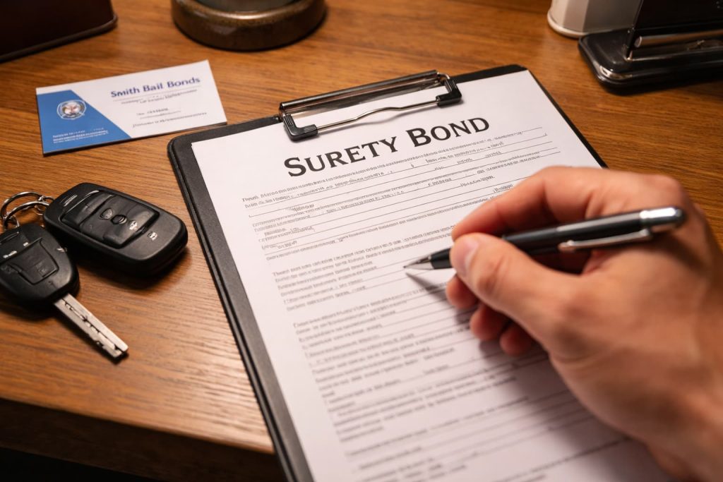 Close-up of a person signing a surety bond form on a clipboard, part of an expert bail bond guide local.