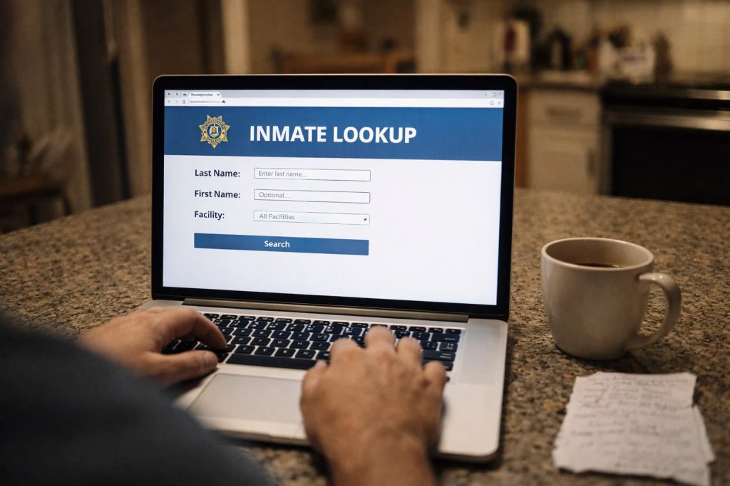 A person using a laptop for an inmate search to see where to find bail info Colorado Springs.