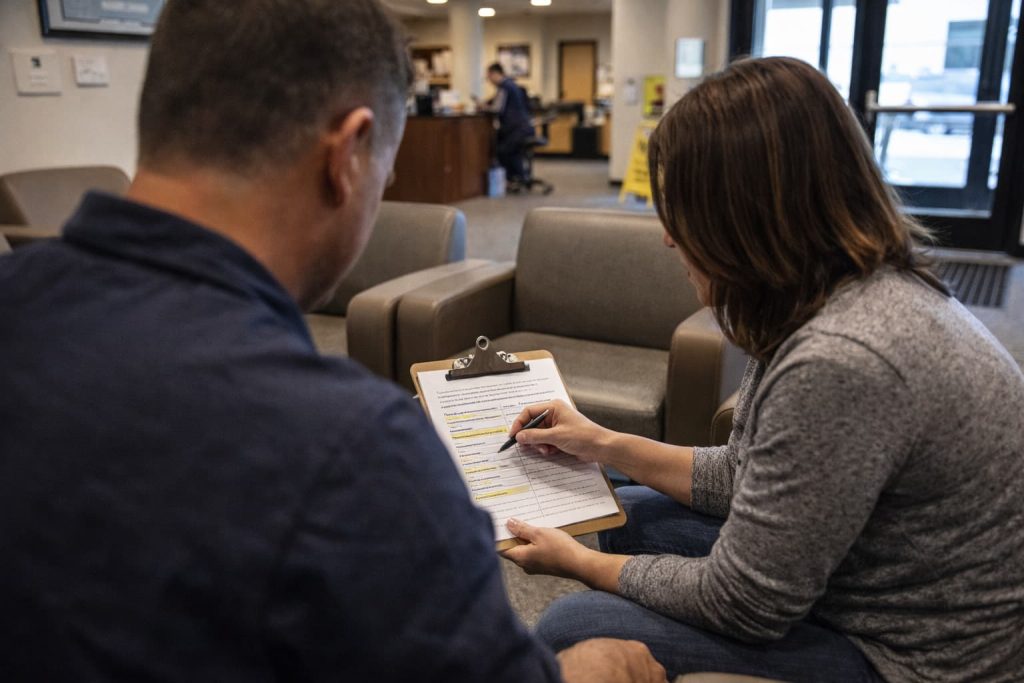 Two people reviewing legal paperwork at a desk to learn where to find bail info Colorado Springs.