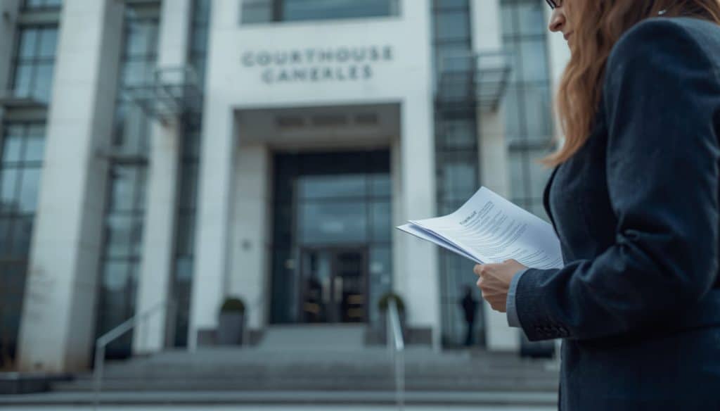 A legal professional holding paperwork in front of a modern courthouse building.