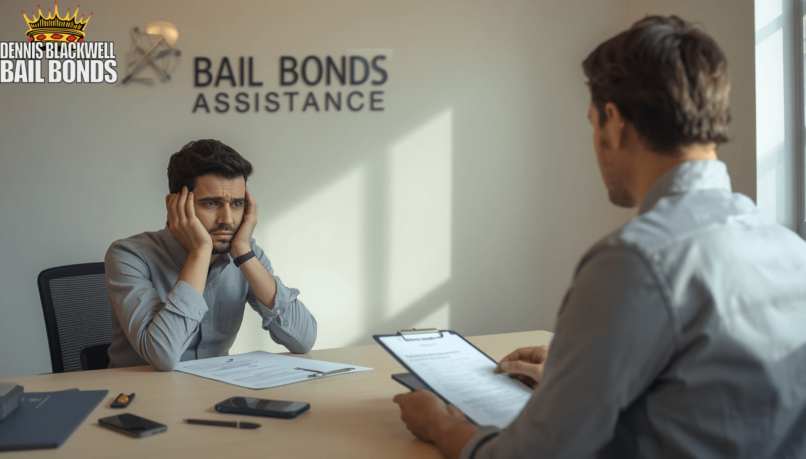 Client receiving bail bond advice and support during a face-to-face consultation.