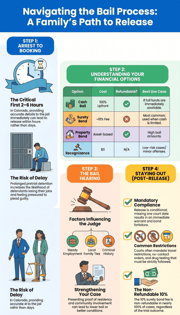 Infographic titled "Navigating the Bail Process: A Family’s Path to Release" outlining Colorado-specific steps from arrest to post-release.