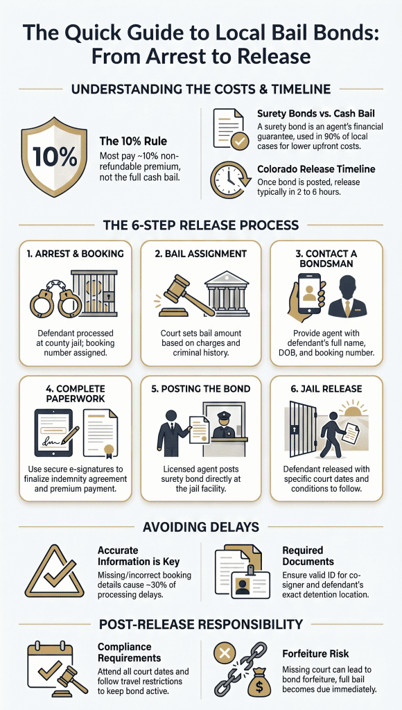 An infographic titled "The Quick Guide to Local Bail Bonds" outlining costs, the 6-step release process, and responsibilities.