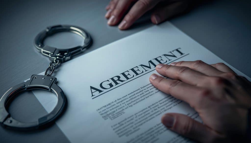 Conceptual image of the legal process: a release agreement and handcuffs representing the bail process.