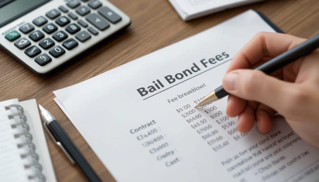 Close-up of a fee breakdown for a bail bond contract with financial figures and office supplies.