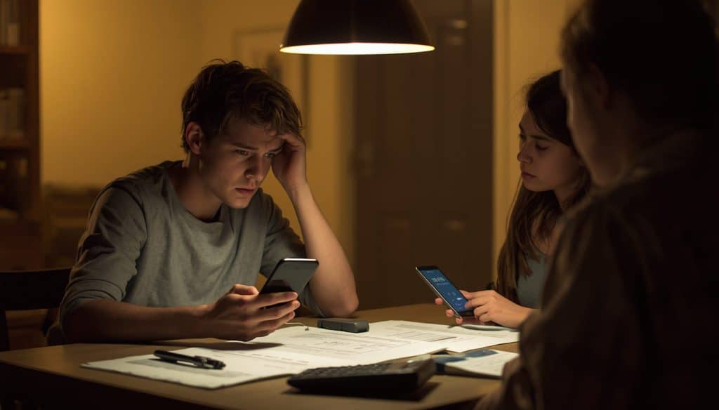 Worried man looking at a phone and "Bail Bond Agreement" at a table and discuss with family.