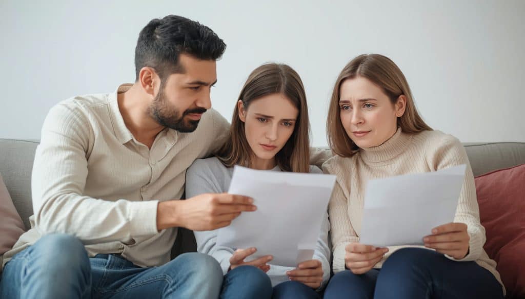 A group of three people sitting on a couch looking stressed while reviewing legal documents together as a family.