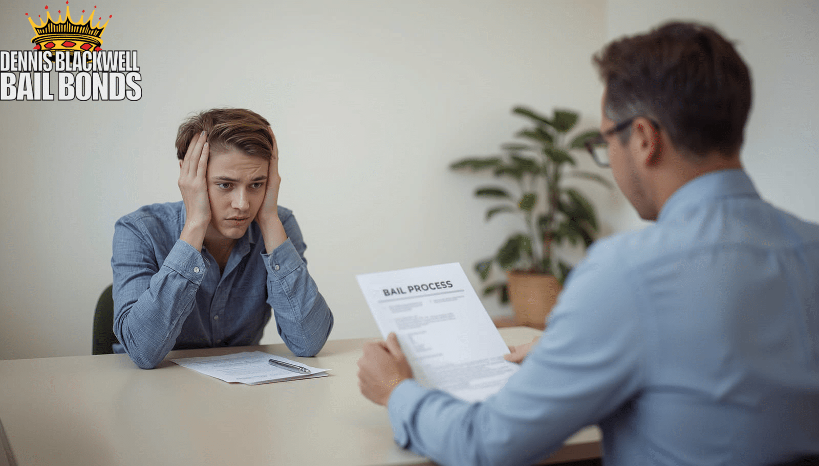A distressed young man meeting with a professional holding a "Bail Process" document under the Dennis Blackwell Bail Bonds logo.