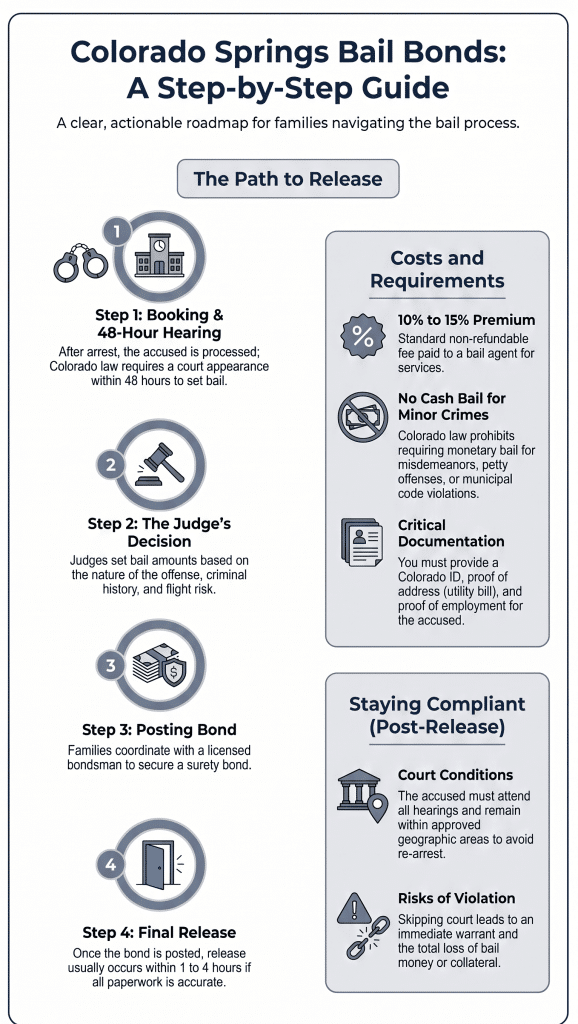 An infographic titled "Navigating the Bail Process in Colorado Springs" showing a 5-step journey to release.