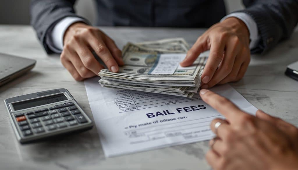 A close-up of hands handling a stack of cash over a document labeled "Bail Fees" next to a calculator.